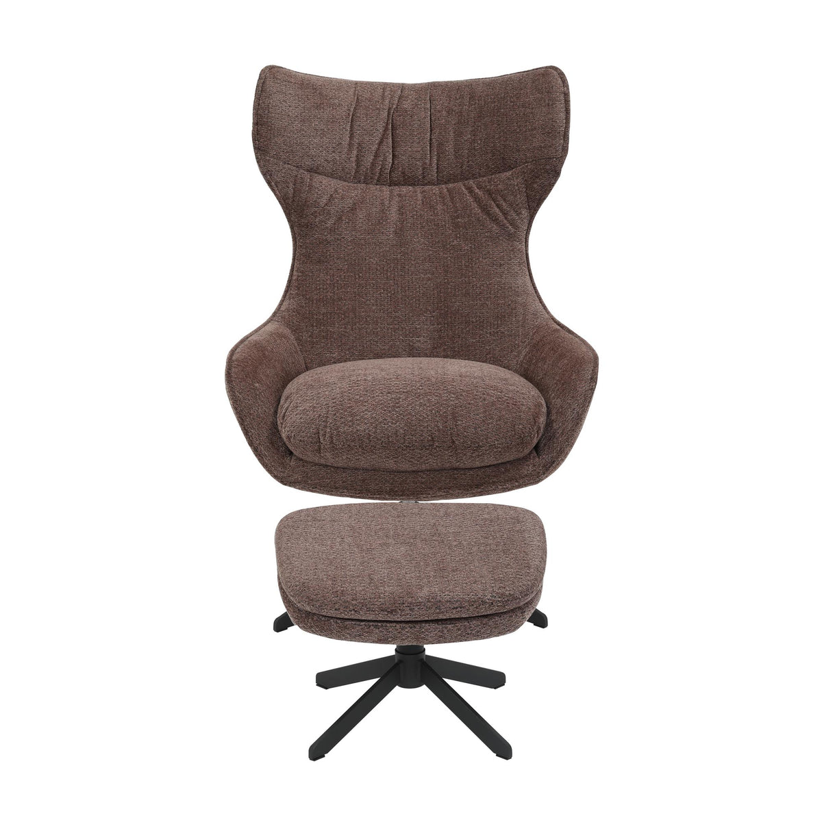 Fauteuil Olivia met hoge rug, draaibasis en bijpassende poef, donkere stof.