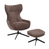 Fauteuil Olivia met brede zitting, draaibasis en poef, donkerbruine stof.