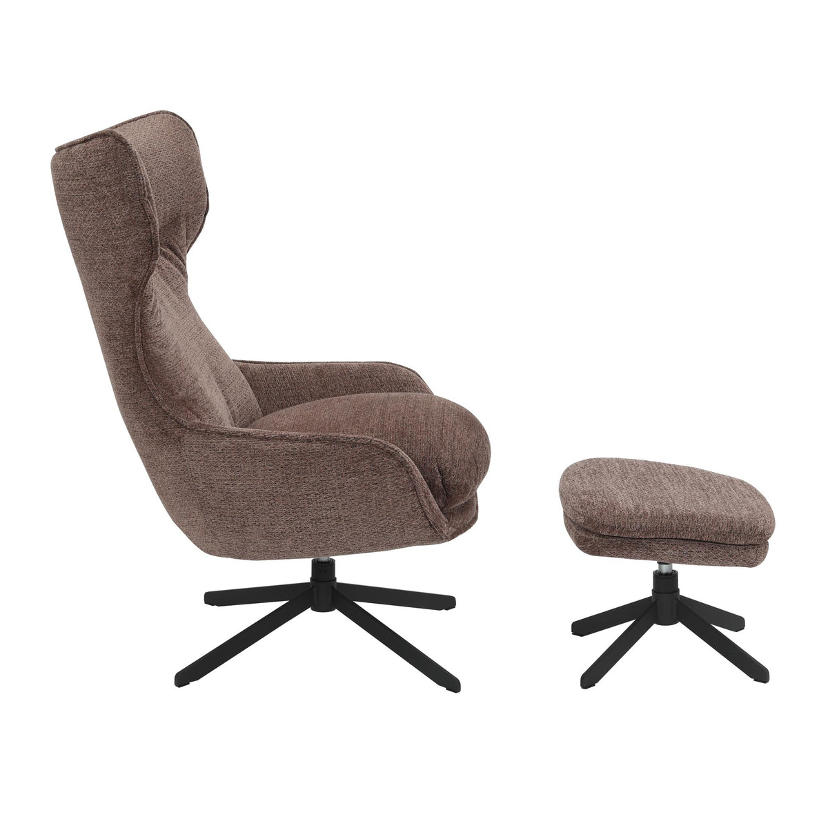 Fauteuil Olivia met kuipvormige rug, draaibasis en poef, donkere stof.