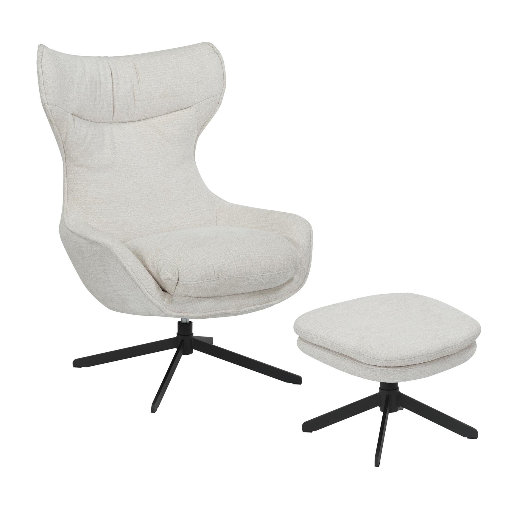 Fauteuil Olivia in gebroken wit zijaanzicht met poef en zwarte draaipoot