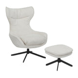 Fauteuil Olivia in gebroken wit met schuine armleuningen, poef en zwarte voet