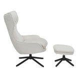 Fauteuil Olivia in gebroken wit met zwarte draaivoet en losse poef