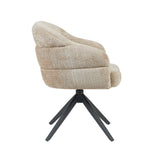 Eetkamerstoel met armleuningen, beige bekleding en zwarte draaipoot, voor-zijaanzicht