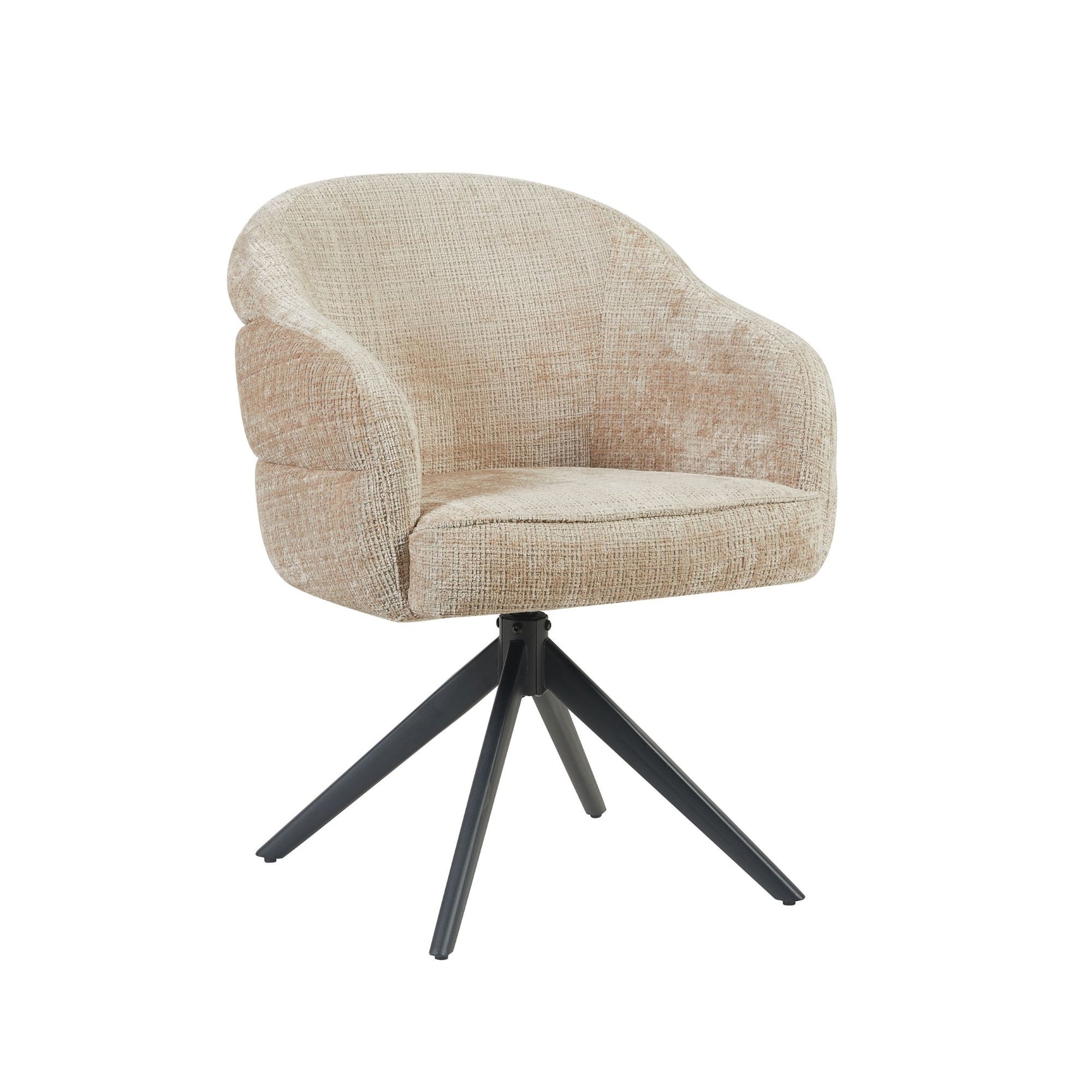 Eetkamerstoel met armleuningen, beige bekleding en zwarte draaipoten, frontaanzicht