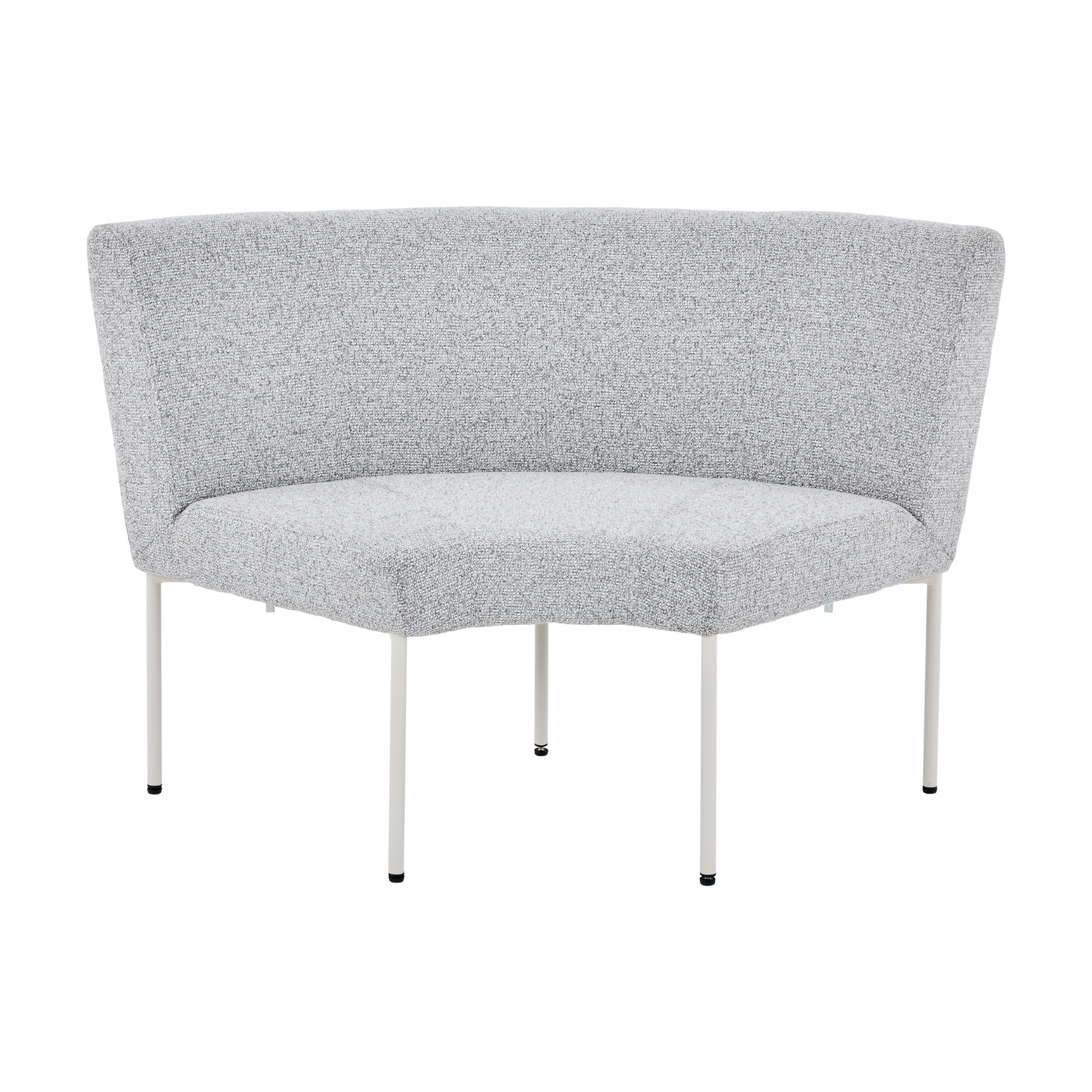 Beige eetkamerbank met gebogen zitting en lage rugvorm, op witte poten