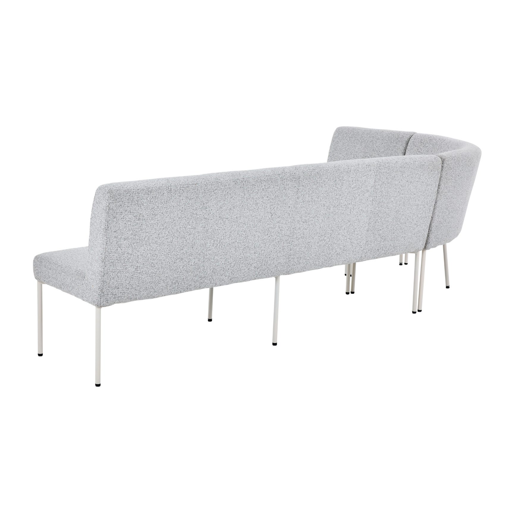 Beige hoekbank met gestoffeerde rug en zitting, op witte poten
