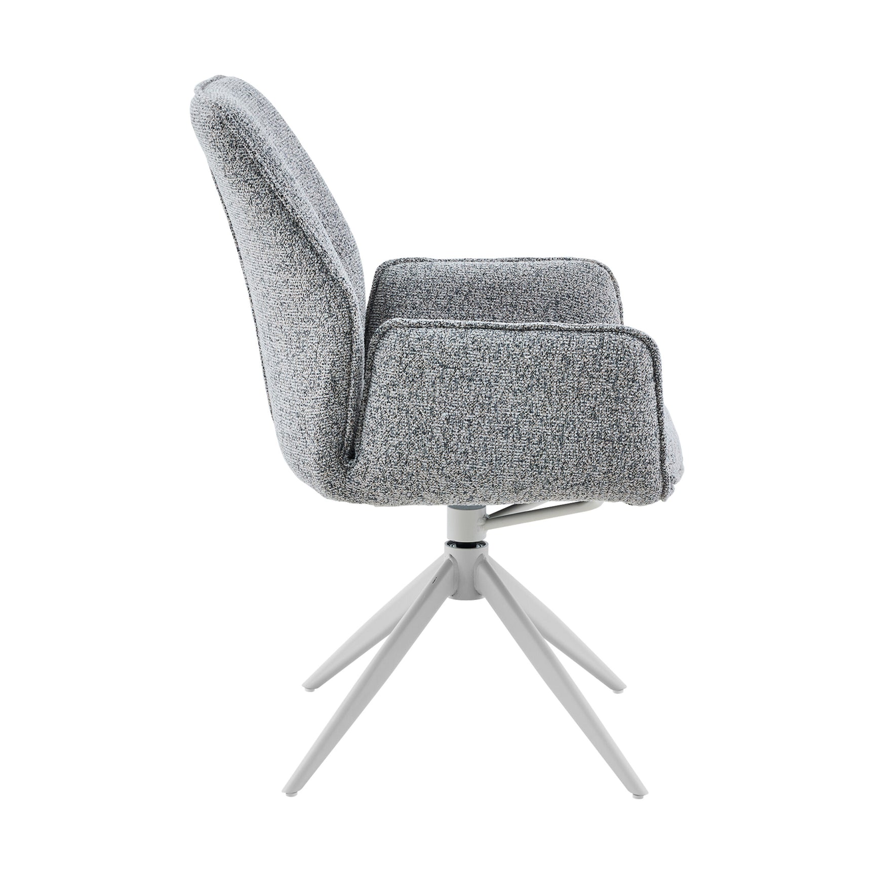Grijze fauteuil met armleuningen en hoge rug, draaivoet met 4 poten