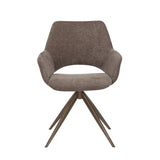 Eetkamerstoel met ronde zitting en stoffen rug, donkerbruine bekleding, houten poten.