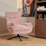 Roze fauteuil Vera met gewatteerde rug, brede armleuningen en zwarte draaivoet.