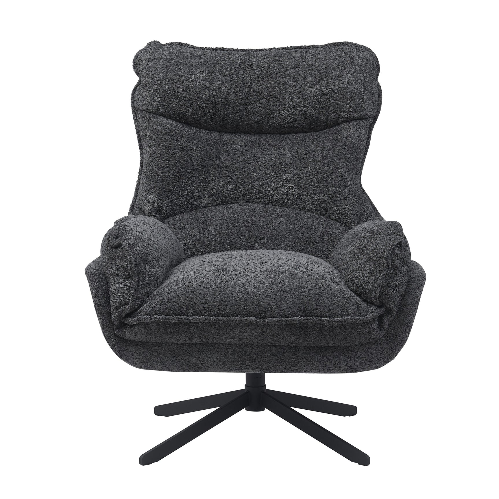 Donkergrijze fauteuil met hoge rug en brede zitting op draaibare vijfpoot