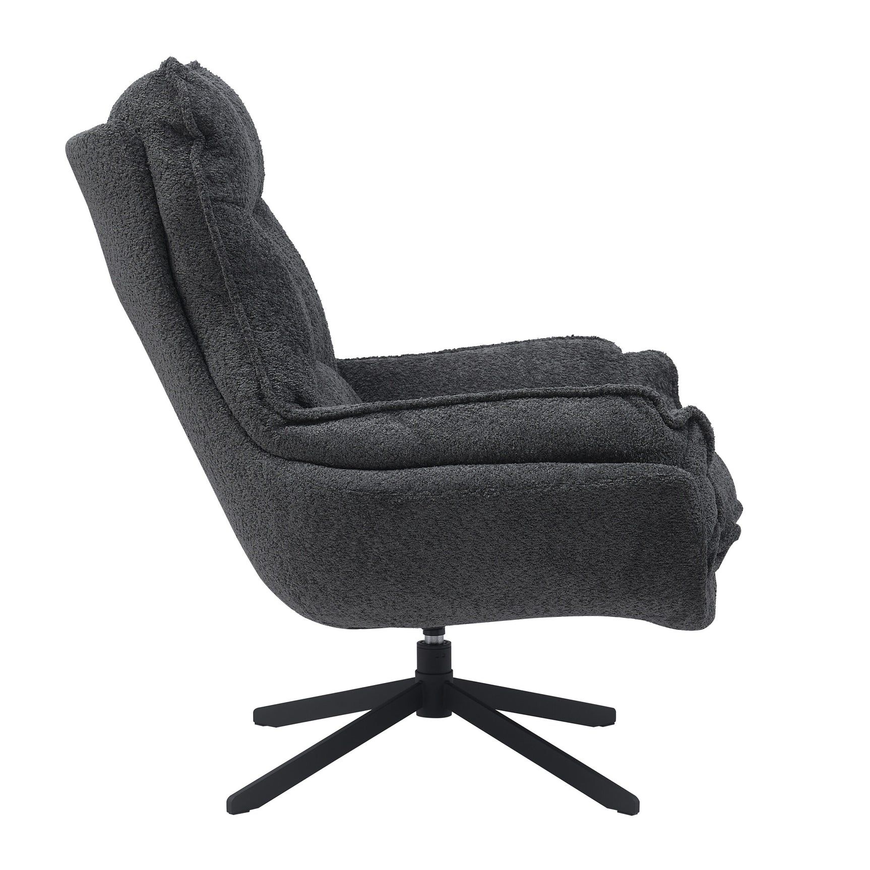 Donkergrijze fauteuil met diepe zitting, opgestikte arm en gedraaide vijfpoot