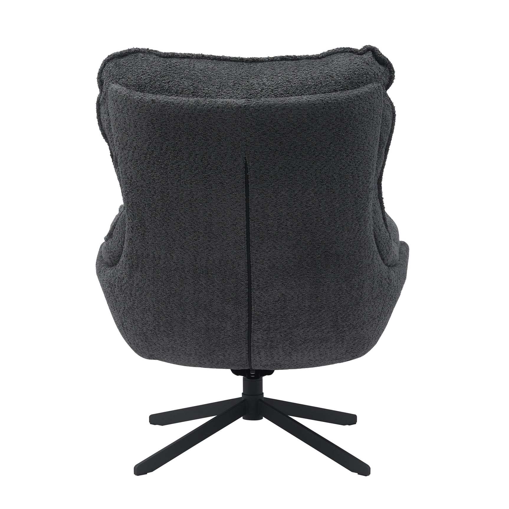 Donkergrijze fauteuil met hoge rug en ronde stiksels, op draaibare vijfpoot