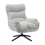 Draaifauteuil in gebroken wit met hoge rug, brede armleuningen en zwarte stervoet.
