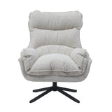 Draaifauteuil in gebroken-witte bouclé met hoge rug, dikke zitting en zwarte stervoet.