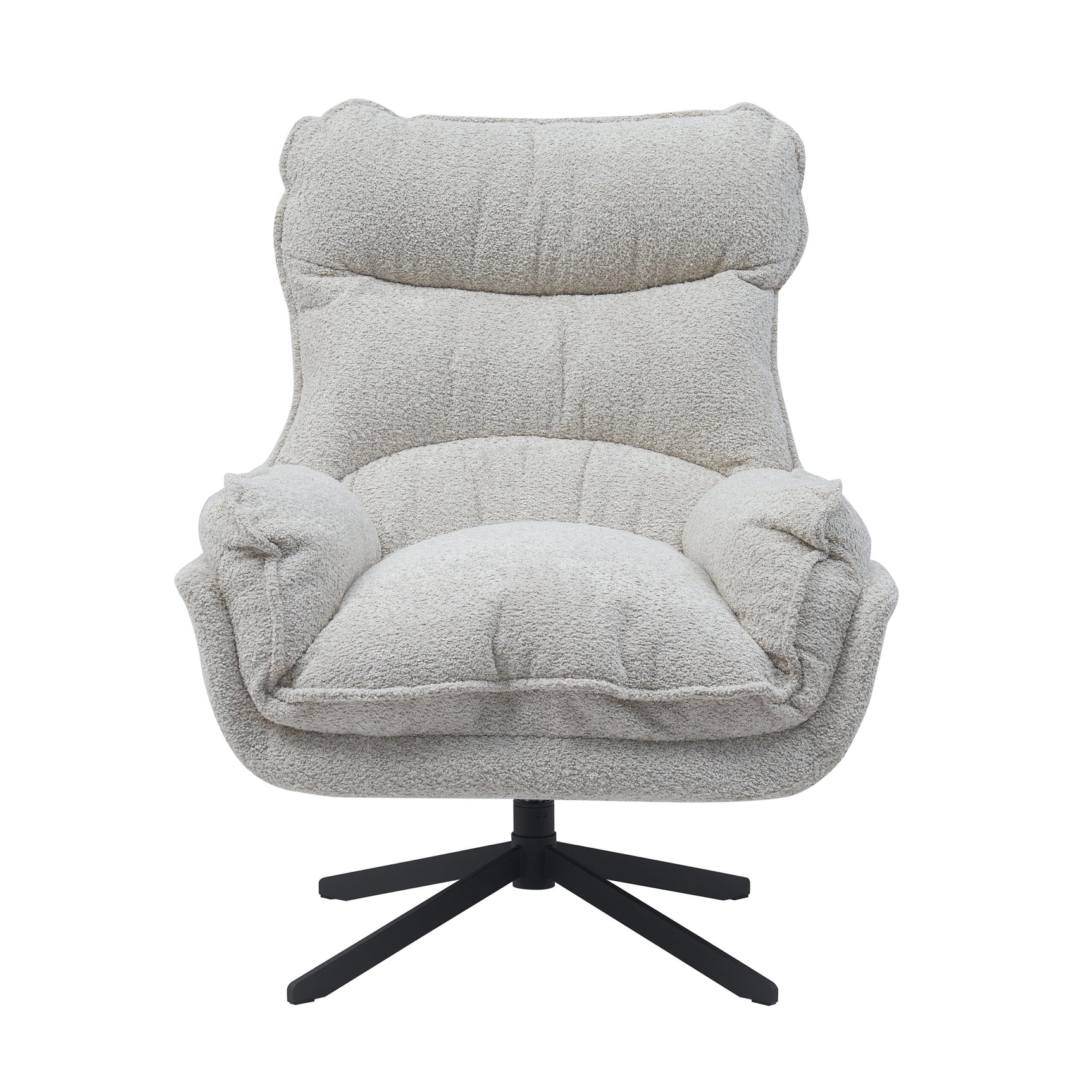 Draaifauteuil in gebroken-witte bouclé met hoge rug, dikke zitting en zwarte stervoet.