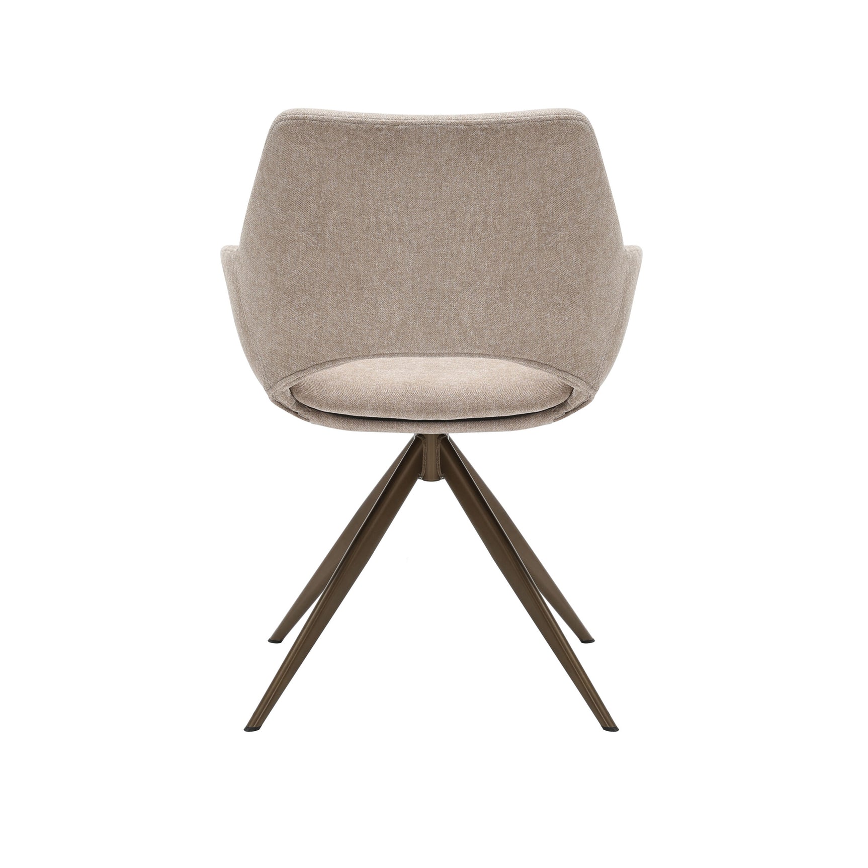 Beige eetkamerstoel met ronde rug en zitting, geplaatst op donkerhouten sterpoten