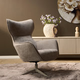 Leunstoel taupe met hoge rug en ronde kuip, draaivoet met metalen sterframe