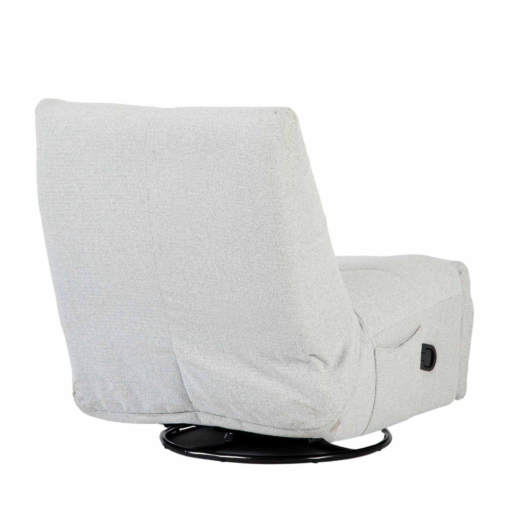 Lichtgrijze relaxfauteuil zijaanzicht met voetensteun en zwarte onderstelring