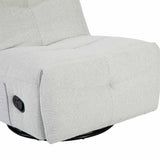 Lichtgrijze relaxfauteuil met brede armleuning en rond zwenkvoetgedeelte.