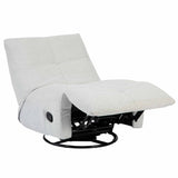 Lichtgrijze relaxfauteuil met open voetensteun en zichtbare onderconstructie