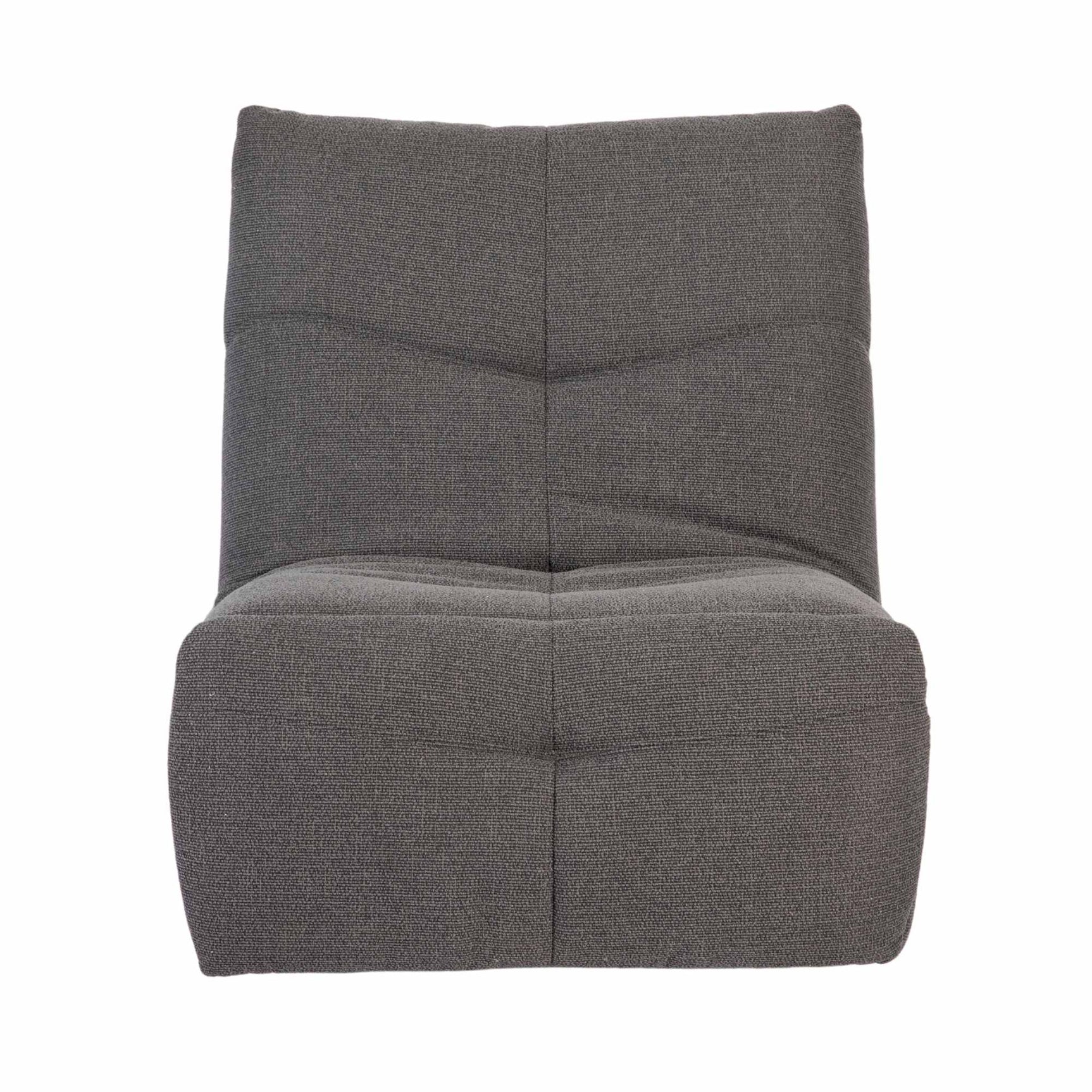 Relaxfauteuil Lazy in donkergrijze stof, met hoge rugleuning en lage armleuningen.
