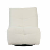 Relaxfauteuil rug en zitting, lichte stof met doorgestikte vakken en ronde vorm.