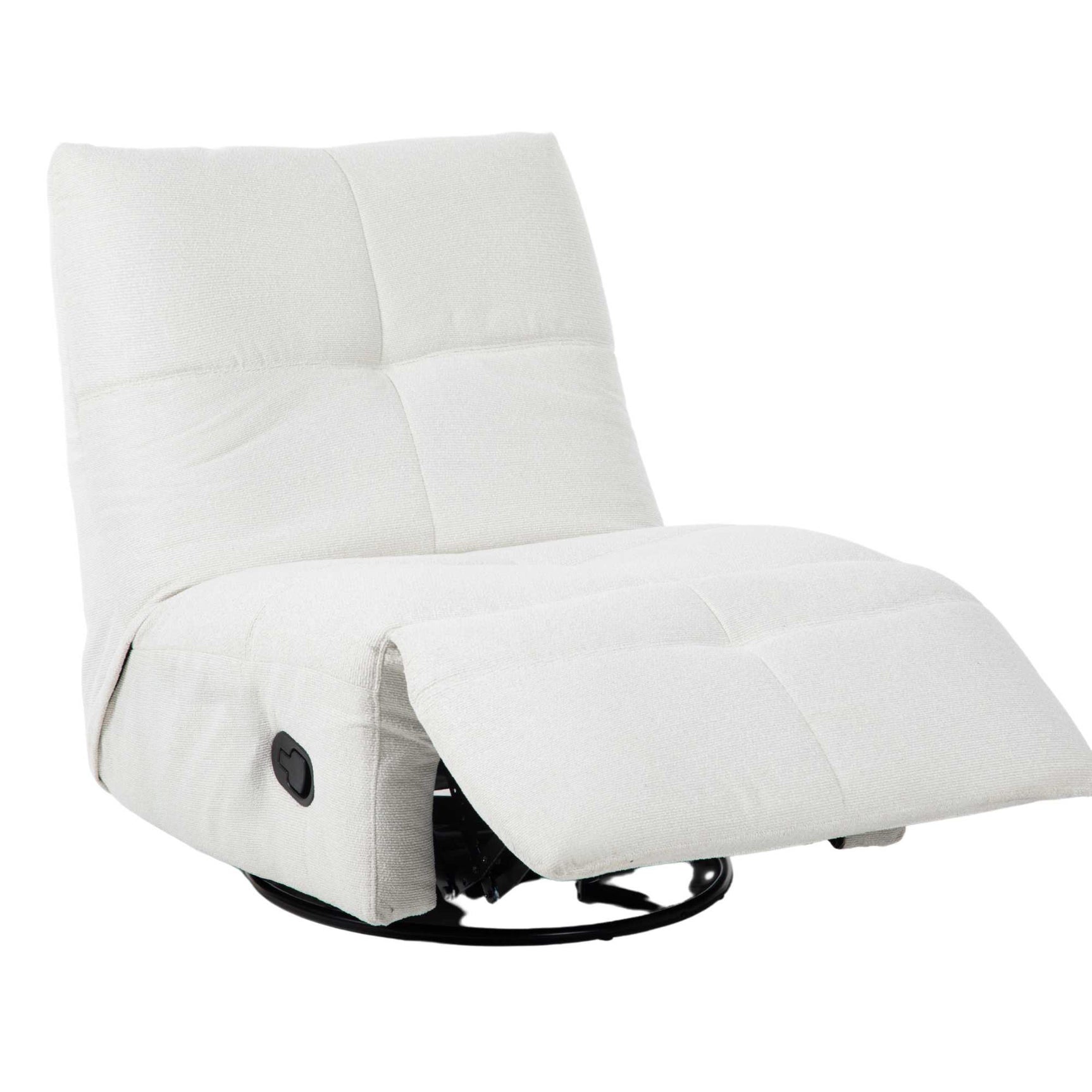 Relaxfauteuil Lazy lichtbeige stof met opklapbare voetsteun en zwarte draai-/basis.