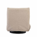 Relaxfauteuil Lazy lichtbeige bekleding met ronde zwarte draaibasis onder de rug.