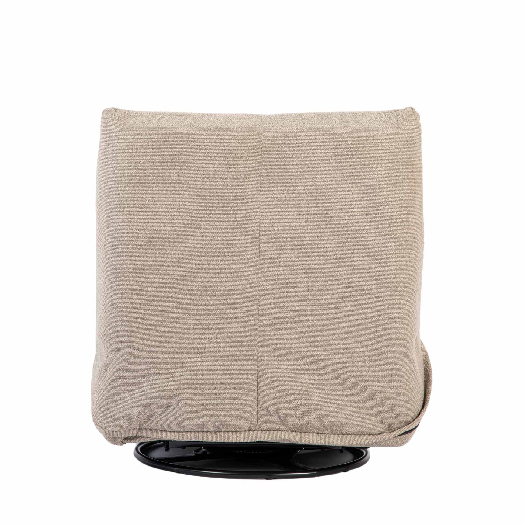 Relaxfauteuil Lazy lichtbeige bekleding met ronde zwarte draaibasis onder de rug.