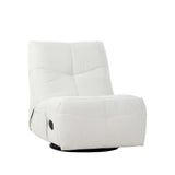 Relaxfauteuil met hoge rug, licht beige bekleding en bedieningsknop aan de zijkant.