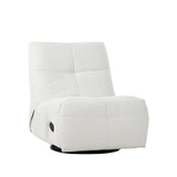 Relaxfauteuil met hoge rug en licht beige bekleding, afgeronde zitting en armleuningen.