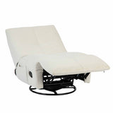 Relaxfauteuil in ligstand, licht beige bekleding, zwarte schommelbasis en mechaniek.