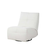 Relaxfauteuil met hoge rug, licht beige bekleding en afgeronde zijkant met zwarte onderrand.