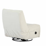 Relaxfauteuil met hoge rug, licht beige bekleding en zwarte schommelbasis onder de zitting.