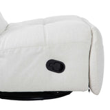Relaxfauteuil met lichtbeige stof, afgeronde armleuningen en zwarte bedienknop op de zijkant