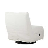 Relaxfauteuil met witte stof, hoge rugleuning, afgeronde zijkant en zwarte bedienknop