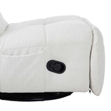 Relaxfauteuil met witte stof, opgetrokken rug en voetensteun met zwarte basis en naden