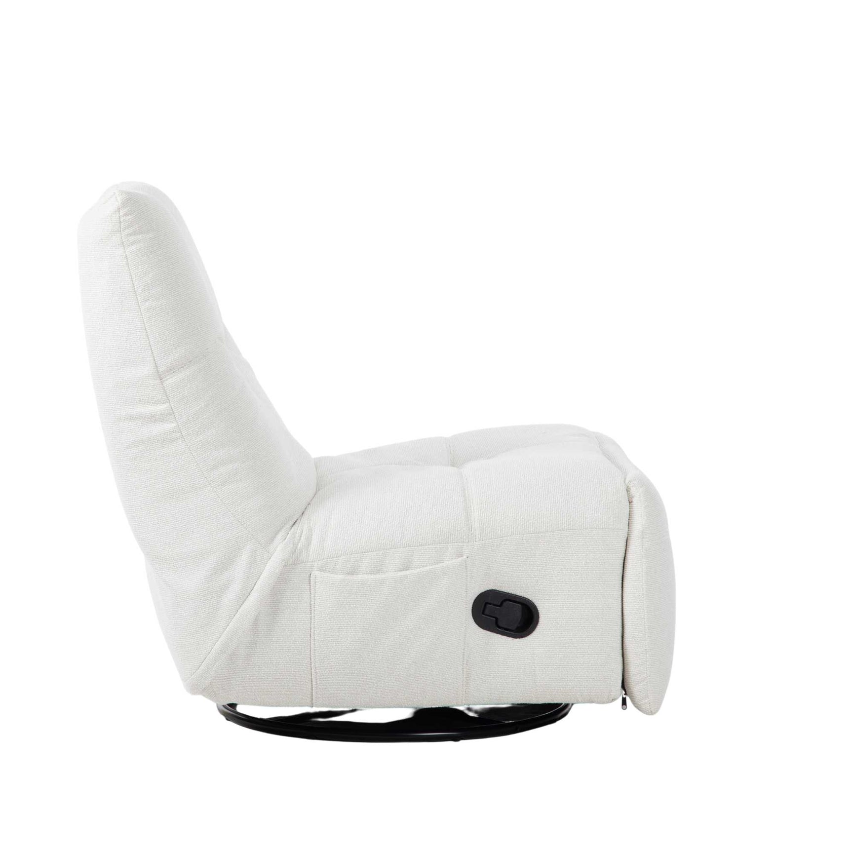 Relaxfauteuil met witte stof, ligstand met hoge rugleuning en zwarte onderrand