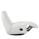 Relaxfauteuil met opengelegde voetensteun, lichte stof en zwarte bedieningsknop aan de zijkant.
