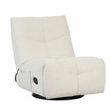 Relaxfauteuil in zittende stand, lichte stof en zwarte bedieningsknop op de armleuning.