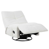 Relaxfauteuil met voetensteun uitgeklapt, lichte stof en zichtbaar zwart frame onderaan.