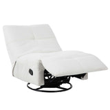 Relaxfauteuil met verstelbare voetensteun, lichtgekleurde stof en zwart metalen draaiplateau.