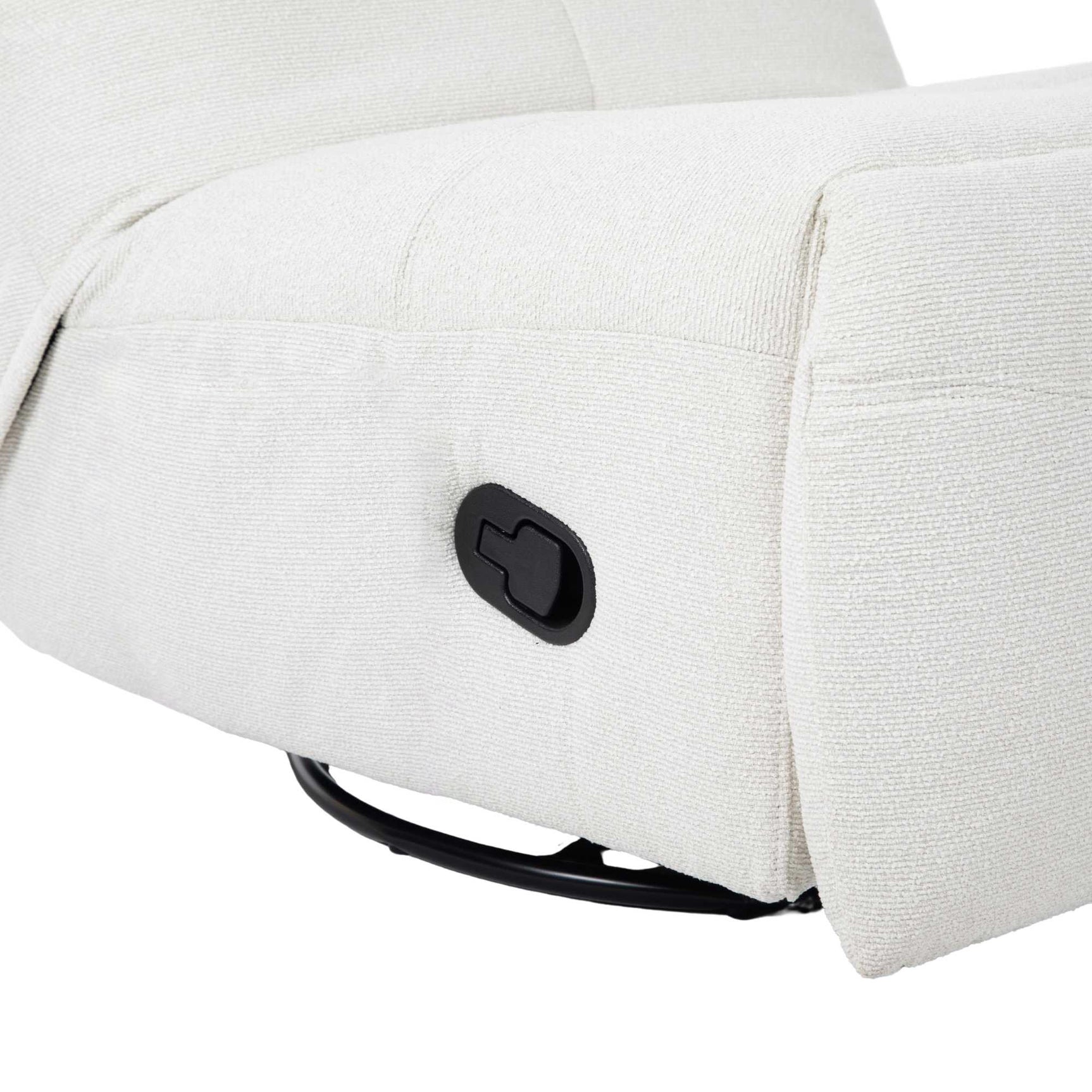 Relaxfauteuil in wit, bedieningspaneel en armleuning, ronde zwarte basis zichtbaar