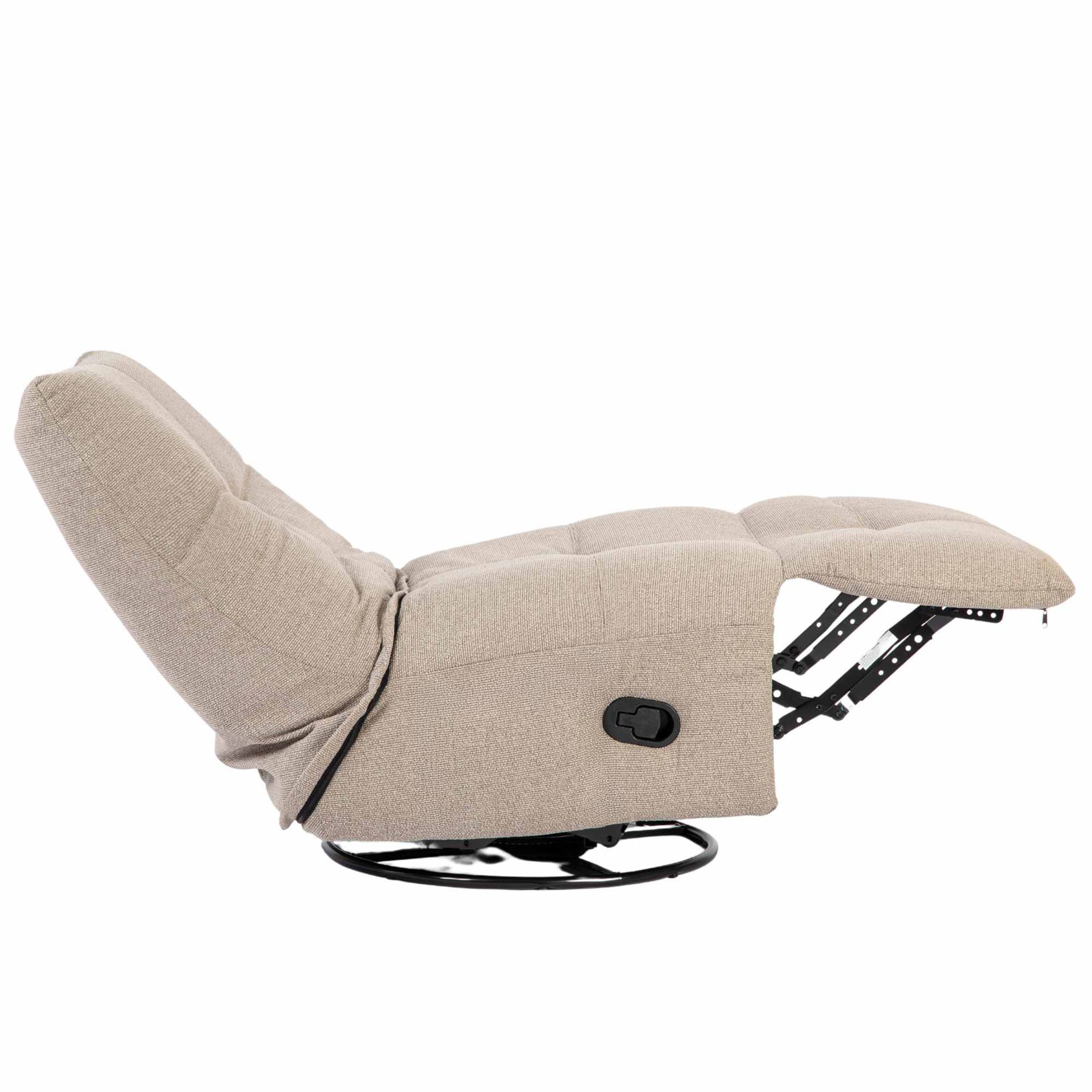 Taupe relaxfauteuil in half-ligstand, gestoffeerde armleuningen en zwart draaiplateau