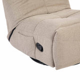 Taupe relaxfauteuil met opengestrekte voetsteun en zwarte bedieningsknop