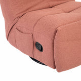Roze relaxfauteuil: close-up van armleuning met zwarte bedieningsknop.