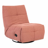 Roze relaxfauteuil in zijaanzicht met knop op de armleuning en opklapfunctie.