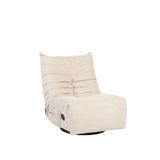Beige relaxfauteuil in zijaanzicht met afgeronde rug en zwarte bedieningsknop