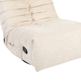 Beige relaxfauteuil in ligstand met zwarte bedieningsknop op de arm