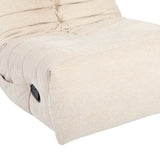 Taupekleurige relaxfauteuil met afgeronde rug en zwarte bedieningsknop op zijpaneel